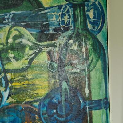 Lot 420U: Vintage "Bottles Up" Painting on Canvas (MCM pop of color)