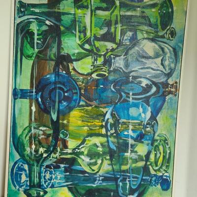 Lot 420U: Vintage "Bottles Up" Painting on Canvas (MCM pop of color)