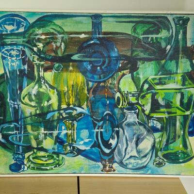 Lot 420U: Vintage "Bottles Up" Painting on Canvas (MCM pop of color)
