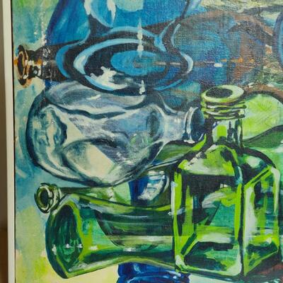 Lot 420U: Vintage "Bottles Up" Painting on Canvas (MCM pop of color)