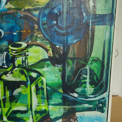 Lot 420U: Vintage "Bottles Up" Painting on Canvas (MCM pop of color)