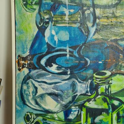 Lot 420U: Vintage "Bottles Up" Painting on Canvas (MCM pop of color)