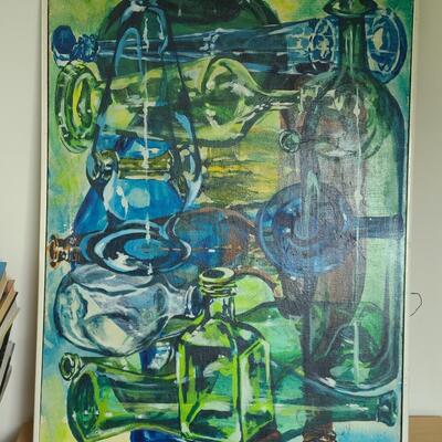 Lot 420U: Vintage "Bottles Up" Painting on Canvas (MCM pop of color)