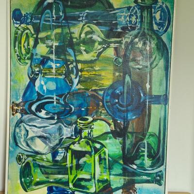 Lot 420U: Vintage "Bottles Up" Painting on Canvas (MCM pop of color)