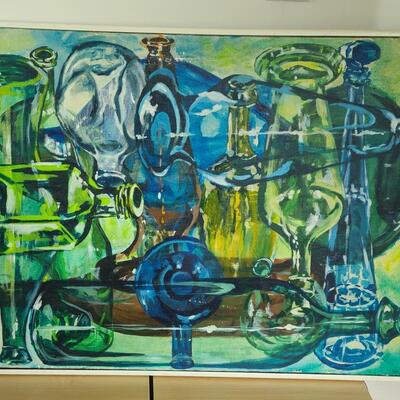 Lot 420U: Vintage "Bottles Up" Painting on Canvas (MCM pop of color)