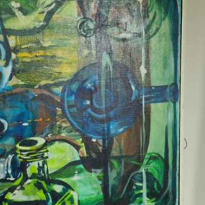 Lot 420U: Vintage "Bottles Up" Painting on Canvas (MCM pop of color)