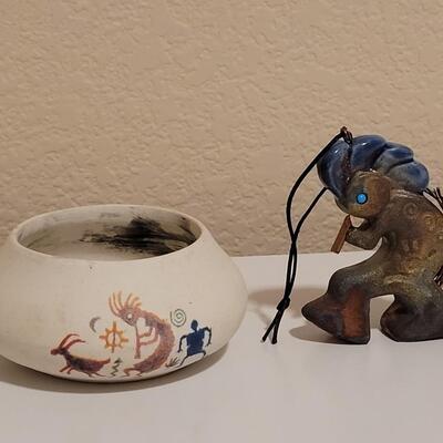 Lot 516: Ceramic Vessel and Kokopelli Ornament 