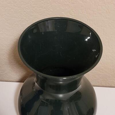 Lot 519: Blue Glass Vase, Clear Glass Container and Green Plastic Vase