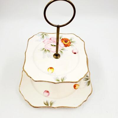 VINTAGE TWO TIERED CERAMIC PLATE SERVING TRAY HAND PAINTED IN JAPAN