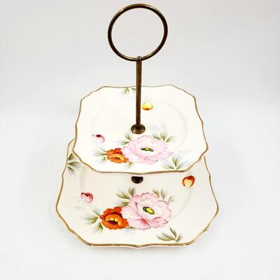 VINTAGE TWO TIERED CERAMIC PLATE SERVING TRAY HAND PAINTED IN JAPAN