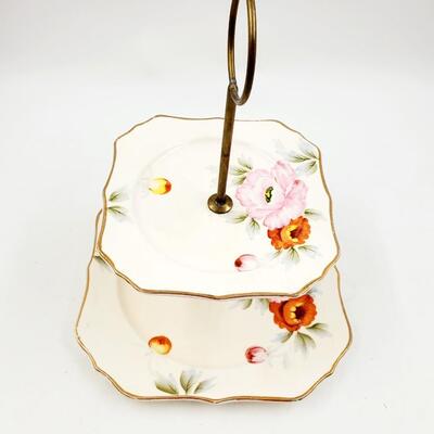 VINTAGE TWO TIERED CERAMIC PLATE SERVING TRAY HAND PAINTED IN JAPAN