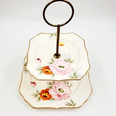 VINTAGE TWO TIERED CERAMIC PLATE SERVING TRAY HAND PAINTED IN JAPAN