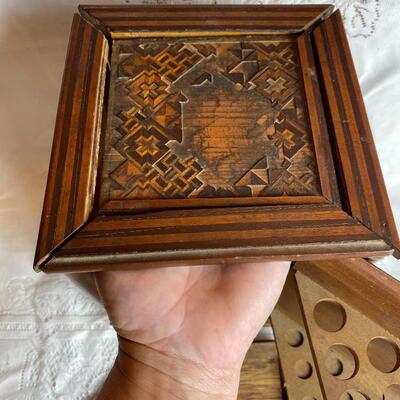 Antique Japanese Marquetry Wooden Cigarette Cigar Cabinet Dispenser Box with Drawer
