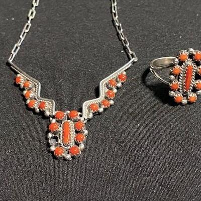 LOT#R79: Bernice Bonney Marked Sterling Necklace & Ring Set