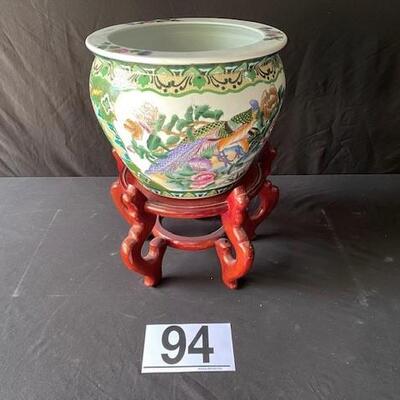LOT#E94: Koi Vase with Mahogany Base