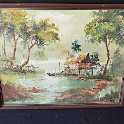 LOT#G233: Illegible Signed Asian Oils on Canvas