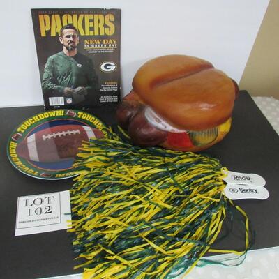 GB Packers Brat Bun Foam Hat, Packers Magazine, Plastic Advertising Pompoms, Football Plate