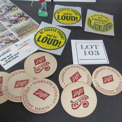 Lot of GB Packers Cards (all the same), Stickers, and Schlitz Coasters