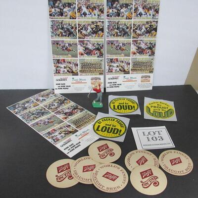 Lot of GB Packers Cards (all the same), Stickers, and Schlitz Coasters