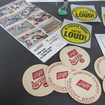 Lot of GB Packers Cards (all the same), Stickers, and Schlitz Coasters