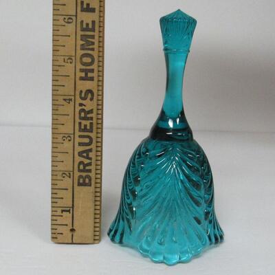 Vintage Fenton Teal Glass Bell, Drapery Patter, Label Inside