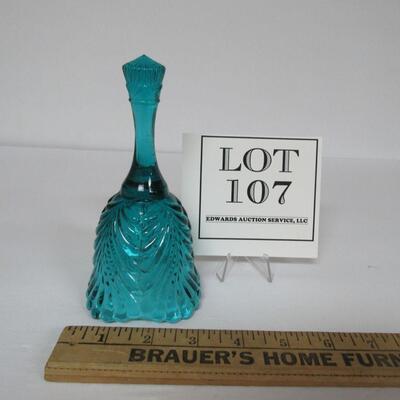 Vintage Fenton Teal Glass Bell, Drapery Patter, Label Inside