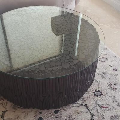 Coffee Table, Round Glass Top with Twig Wood Base, Made in South America 