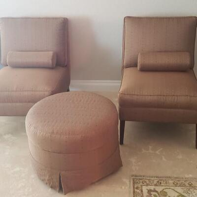 2 Tan Silk Chairs with Pillows and Ottoman