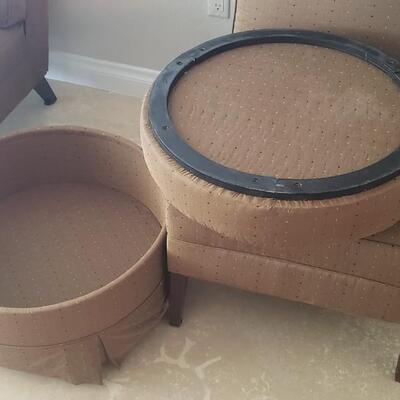 2 Tan Silk Chairs with Pillows and Ottoman