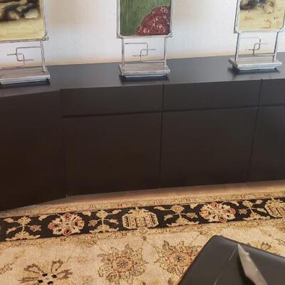 Roche Bobois Glass Dinning Table with 6 Chairs and Black Roche Bobois Buffet