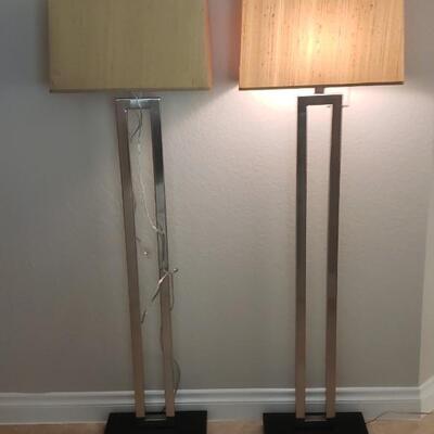 2 Silver Floor Lamps with Silk Shades