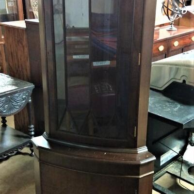 Antique Bow Front Corner Hutch Display with Glass Door and Nice Fretting