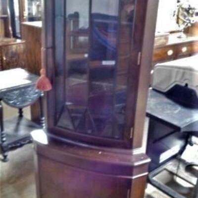 Antique Bow Front Corner Hutch Display with Glass Door and Nice Fretting