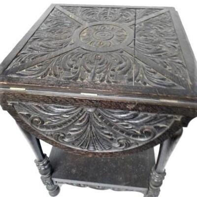 Antique Carved Solid Wood Four Sided Drop Leaf  Table