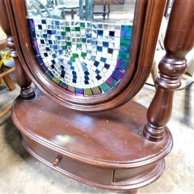 Cherry Wood Finish Cheval Mirror with Mosaic Accents 
