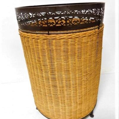 Very Nice Wicker Weave Basket or Small Hamper on Metal Decorative Frame