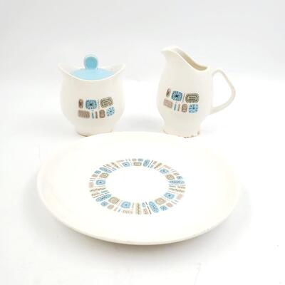 TEMPORAMA CANONSBERG POTTERY MCM ATOMIC DESIGN CREAM, SUGAR AND 7IN PLATE