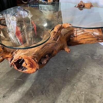 LOT#D247: Cedar Stump Table with Custom Cut Glass