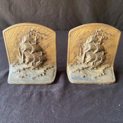 LOT#M273: Pair of Bronze Tall Ship Bookends by Bron Met