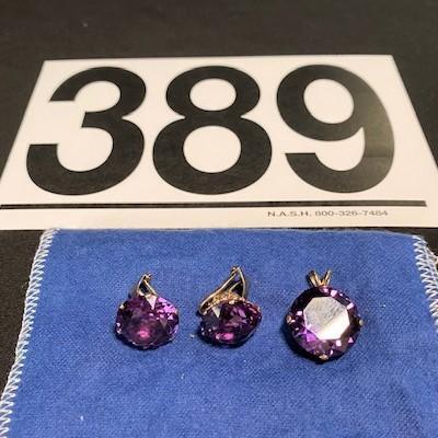 LOT#F389: Tested 10K Vintage Amethyst Earrings & Pendant Set [15g]