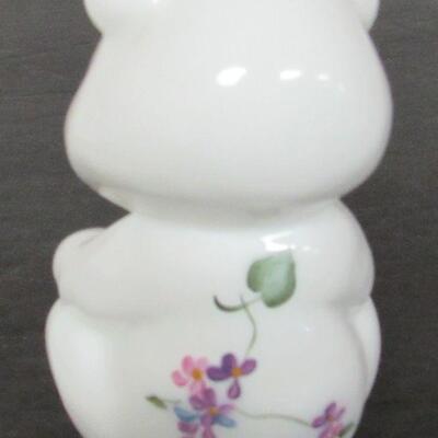 Little Milk Glass Bear With Hand Painted Flowers, Fenton