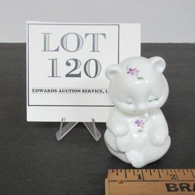Little Milk Glass Bear With Hand Painted Flowers, Fenton
