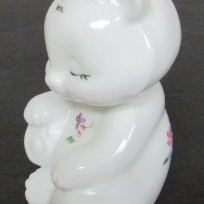 Little Milk Glass Bear With Hand Painted Flowers, Fenton