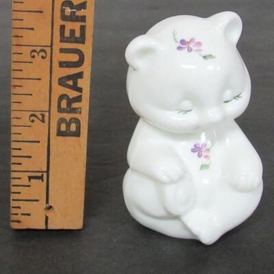 Little Milk Glass Bear With Hand Painted Flowers, Fenton