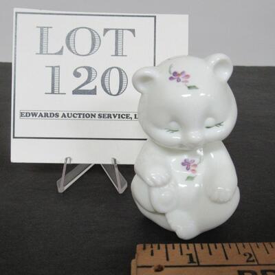 Little Milk Glass Bear With Hand Painted Flowers, Fenton
