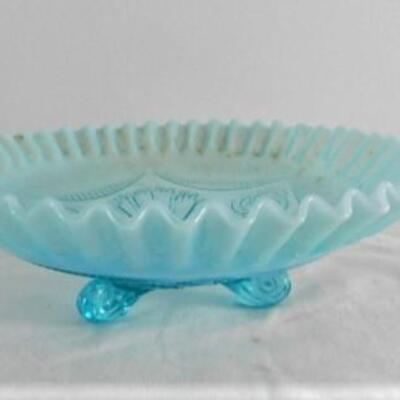 Vintage Blue Glass Crimped Edge Footed Dish
