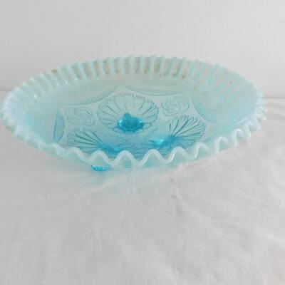 Vintage Blue Glass Crimped Edge Footed Dish