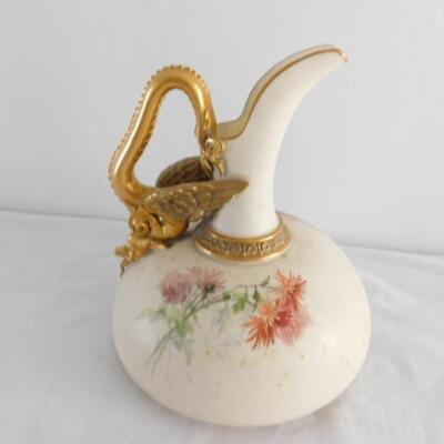 Antique Hand Painted Golden Dragon Handle Porcelain Pitcher by Royal Worcester