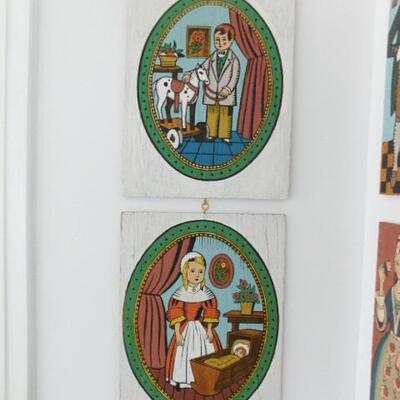 Pair of Vintage Painting on Wood Colonial  Boy and Girl at Play