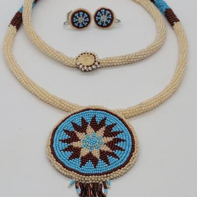 Lot J23: Vintage handcrafted southwest beaded Morning Star necklace and matching clip on earrings- St. Labre Indian school